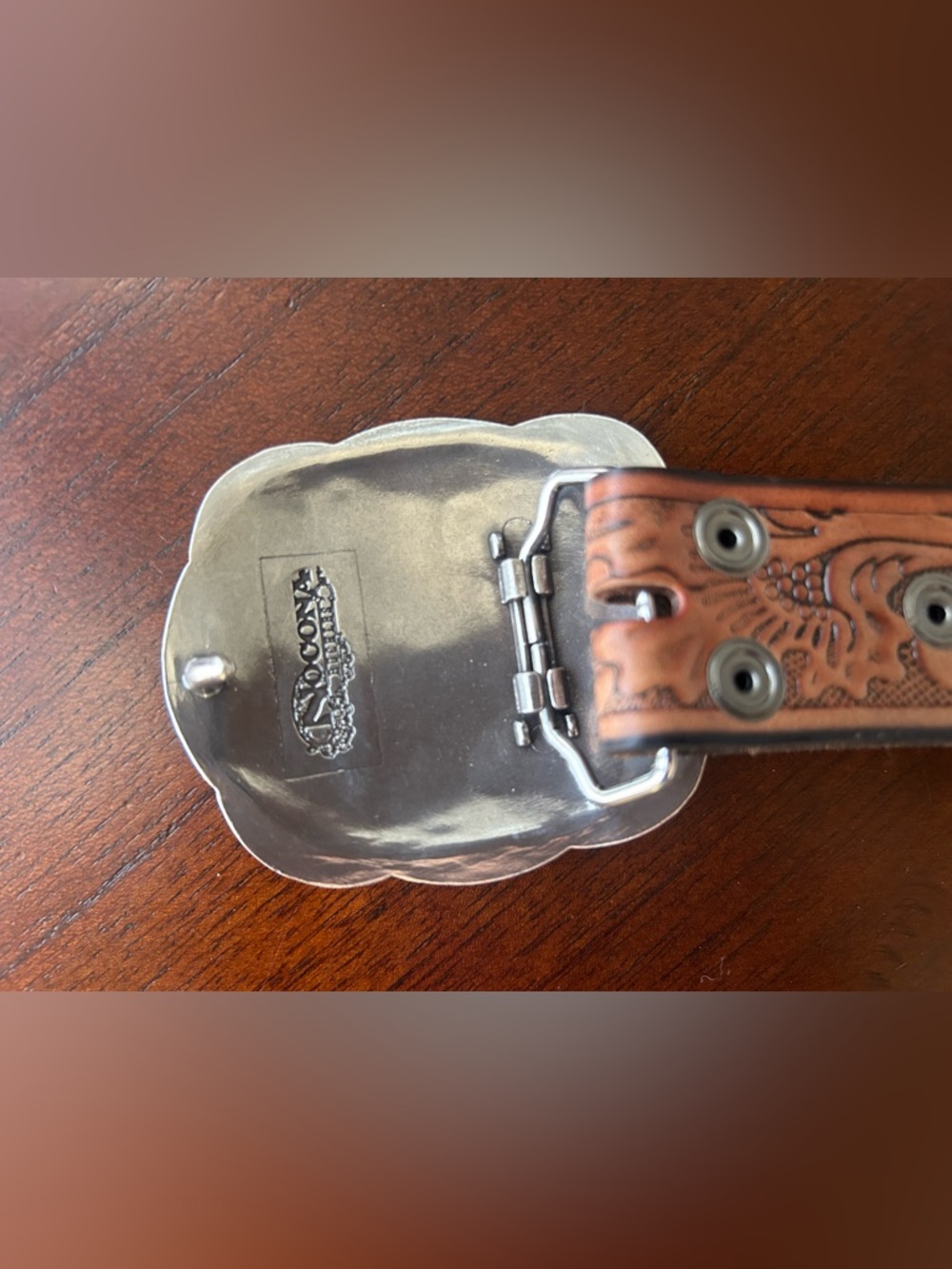 Nocona Tooled Brown Leather Belt with Ornate Silver-Tone Buckle - Picture 4 of 6